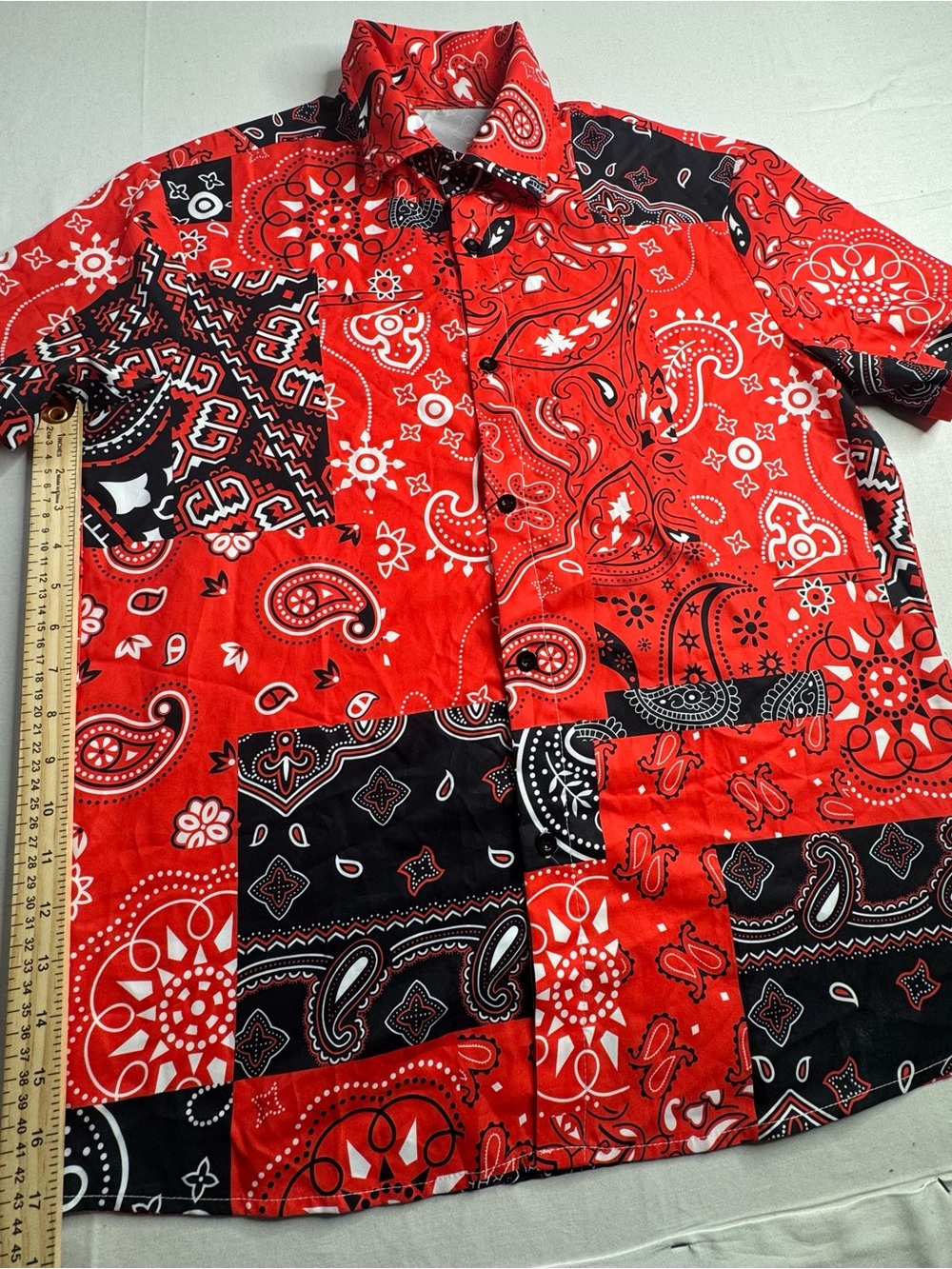 Men's Red Patchwork Paisley Short Sleeve Button-Down Shirt